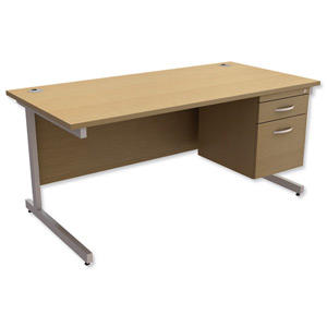 Trexus Contract Desk Rectangular with 2-Drawer Filer Pedestal Silver Legs W1600xD800xH725mm Oak