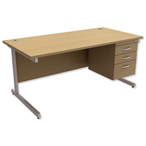 Trexus Contract Desk Rectangular with 3-Drawer Pedestal Silver Legs W1600xD800xH725mm Oak