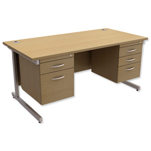 Trexus Contract Desk Rectangular with Double Pedestal Silver Legs W1600xD800xH725mm Oak