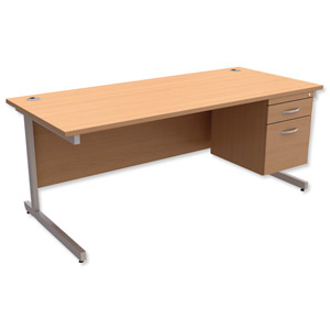 Trexus Contract Desk Rectangular with 2-Drawer Filer Pedestal Silver Legs W1800xD800xH725mm Beech