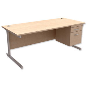 Trexus Contract Desk Rectangular with 2-Drawer Filer Pedestal Silver Legs W1800xD800xH725mm Maple