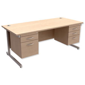 Trexus Contract Desk Rectangular with Double Pedestal Silver Legs W1800xD800xH725mm Maple