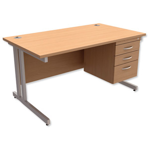 Trexus Contract Plus Cantilever Desk Rectangular 3-Drawer Pedestal Silver Legs W1400xD800xH725mm Beech