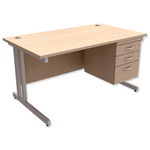 Trexus Contract Plus Cantilever Desk Rectangular 3-Drawer Pedestal Silver Legs W1400xD800xH725mm Maple