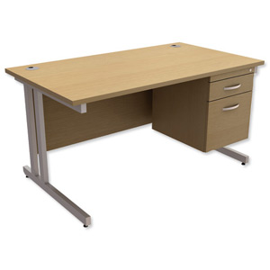 Trexus Contract Plus Cantilever Desk Rectangular 2-Drawer Pedestal Silver Legs W1400xD800xH725mm Oak