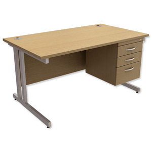 Trexus Contract Plus Cantilever Desk Rectangular 3-Drawer Pedestal Silver Legs W1400xD800xH725mm Oak