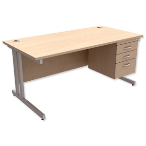 Trexus Contract Plus Cantilever Desk Rectangular 3-Drawer Pedestal Silver Legs W1600xD800xH725mm Maple