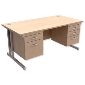 Trexus Contract Plus Cantilever Desk Rectangular Double Pedestal Silver Legs W1600xD800xH725mm Maple