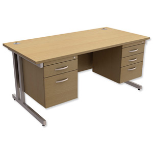 Trexus Contract Plus Cantilever Desk Rectangular Double Pedestal Silver Legs W1600xD800xH725mm Oak