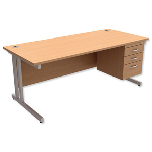 Trexus Contract Plus Cantilever Desk Rectangular 3-Drawer Pedestal Silver Legs W1800xD800xH725mm Beech