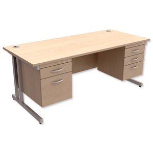 Trexus Contract Plus Cantilever Desk Rectangular Double Pedestal Silver Legs W1800xD800xH725mm Maple