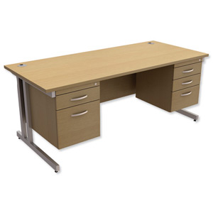 Trexus Contract Plus Cantilever Desk Rectangular Double Pedestal Silver Legs W1800xD800xH725mm Oak