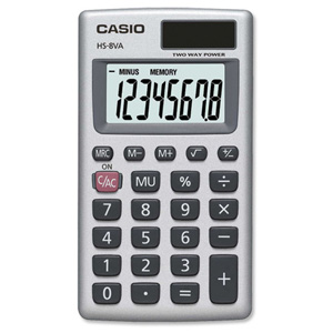 Casio Calculator Handheld Battery/Solar-power 8 Digit 3 Key Memory 57x102x8mm Ref HS8V-S-U-H