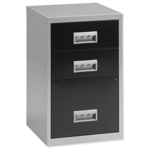 Combi Filing Unit Cabinet Lockable 3 Drawers A4 Silver and Black