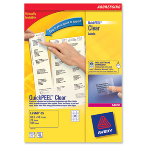Avery Clear Addressing Labels Laser 21 per Sheet 63.5x38.1 Ref L7560-25 [525 Labels]