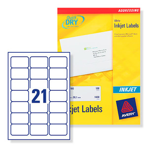 Avery Quick DRY Addressing Labels Inkjet 21 per Sheet 63.5x38.1mm White Ref J8160-100 [2100 Labels]