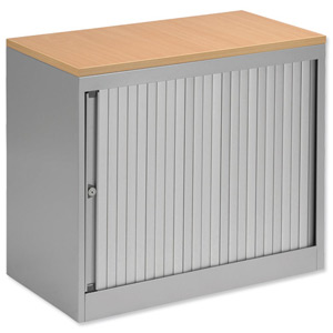 Bisley Eurotambour Desk-high Side-opening Silver Frame and Silver Shutters Beech Top W800xD430xH720mm