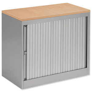 Bisley Eurotambour Desk-high Side-opening Silver Frame and Silver Shutters Oak Top W800xD430xH720mm