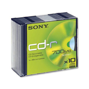 Sony CD-R Recordable Disk Write-once Cased Slim 48x Speed 80 Min 700Mb Ref 10CDQ80NSLD [Pack 10]