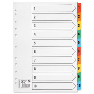 5 Star Index 230 micron Card with Coloured Mylar Tabs 1-10 A4 White