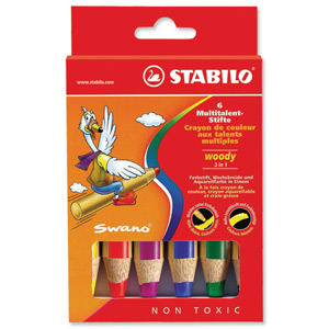 Stabilo Woody 3-in-1 Colouring Pencils Wax Crayons Watercolours Line 10mm Assorted Ref 8806 [Pack 6]