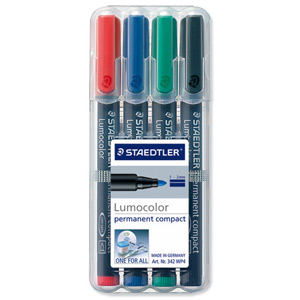 Staedtler Lumocolor Compact Permanent Marker Line Width 1-2mm Assorted Colours Ref 342WP4 [Wallet 4]