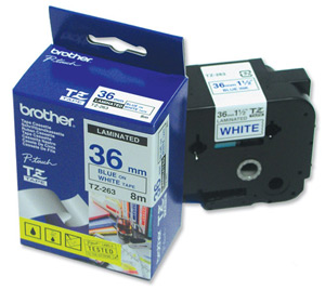 Brother P-touch TZE Label Tape 36mmx8m Blue on White Ref TZE263