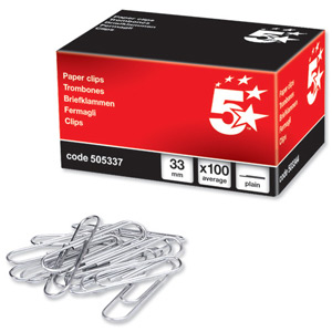 5 Star Paperclips Metal Large 33mm Plain [Pack 100]