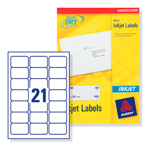 Avery Quick DRY Addressing Labels Inkjet 21 per Sheet 63.5x38.1mm White Ref J8160-250 [5250 Labels]