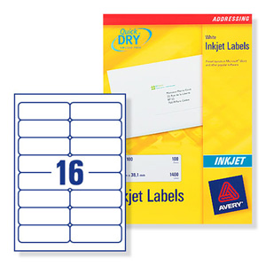 Avery Quick DRY Addressing Labels Inkjet 16 per Sheet 99.1x33.9mm White Ref J8162-250 [4000 Labels]