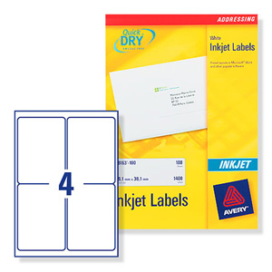 Avery Quick DRY Addressing Labels Inkjet 4 per Sheet 139x99.1mm White Ref J8169-100 [400 Labels]