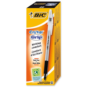 Bic Cristal Grip Ball Pen Clear Barrel 1.0mm Tip 0.4mm Line Black Ref 802800 [Pack 20]