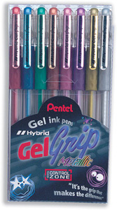 Pentel Hybrid Gel Grip Pens Metallic 0.8mm Tip 0.4mm Line Assorted Ref K118M/8W12 [Wallet 8]