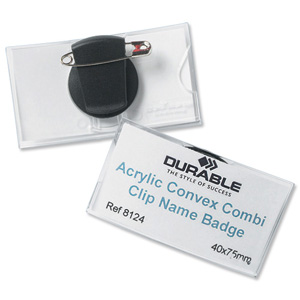 Durable Name Badges Convex with Combi-Clip for Pin or Clip to Clothing W75x40mm Ref 8124-19mm [Pack 25]