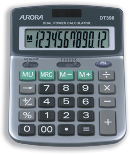 Aurora Calculator Desktop Battery/Solar-power 12 Digit 3 Key Memory 103x138x28mm Ref DT398