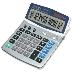 Aurora Calculator Euro Desktop Battery/Solar-power 12 Digit 4 Key Memory 165x228x32mm Ref DT401