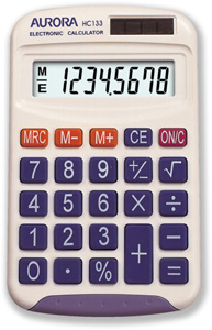 Aurora Calculator Handheld Battery/Solar-power 8 Digit 3 Key Memory 50g 70x115x15mm Ref HC133