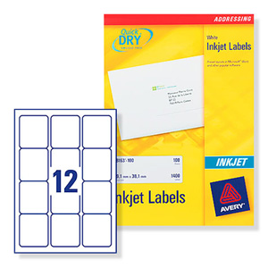 Avery Quick DRY Addressing Labels Inkjet 12 per Sheet 63.5x72mm White Ref J8164-25 [300 Labels]