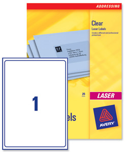 Avery Clear Addressing Labels Laser 1 per Sheet 210x297mm Ref L7567-25 [25 Labels]