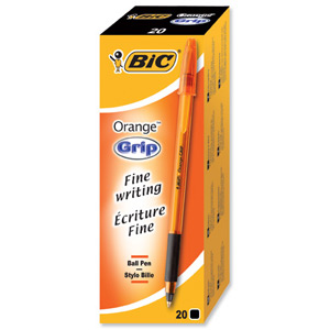 Bic Orange Grip Ball Pen Translucent Barrel 0.8mm Tip 0.2mm Line Black Ref 811925 [Pack 20]