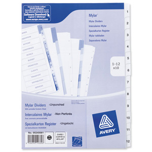Avery Index Unpunched 1-12 White A4 Ref 05240061 [Pack 10]