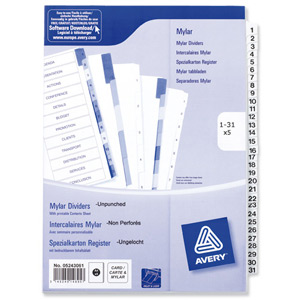 Avery Index Unpunched 1-31 White A4 Ref 05243061 [Pack 5]