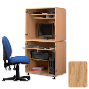 Trexus Mobile Tall PC Cabinet with Keyboard Shelf Printer Stand and Top Hutch W750xD510xH1584mm Oak