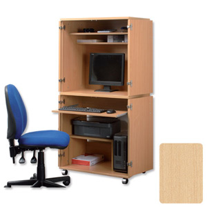 Trexus Mobile Tall PC Cabinet with Keyboard Shelf Printer Stand and Top Hutch W750xD510xH1584mm Maple