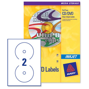 Avery CD/DVD Labels Inkjet 2 per Sheet Dia.117mm Clear Ref J8570-25 [50 Labels]