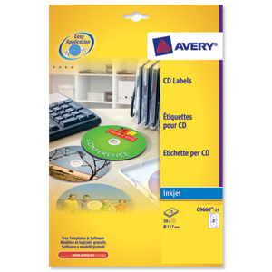 Avery CD/DVD Labels Inkjet 2 per Sheet Dia.117mm Photo Quality Glossy Ref C9660-25 [50 Labels]