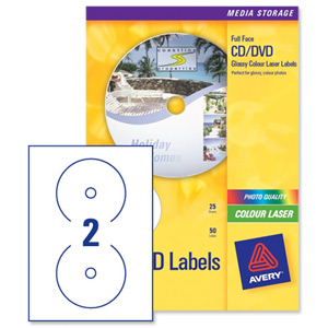 Avery CD/DVD Labels Laser 2 per Sheet Dia.117mm Photo Quality Glossy Colour Ref L7760-25 [50 Labels]