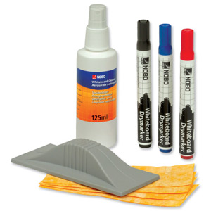 Nobo Whiteboard Starter Kit of Drywipe Eraser and 125ml Cleaner and 3 Drymarkers Assorted Ref 34438861