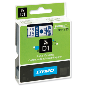 Dymo D1 Tape for Electronic Labelmakers 9mmx7m Blue on White Ref 40914 S0720690