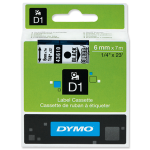 Dymo D1 Tape for Electronic Labelmakers 6mmx7m Black on Clear Ref 43610 S0720770
